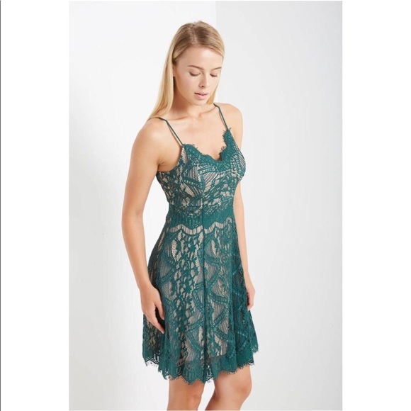 Hunter Green Lace Overlay Fit & Flare Dress - Picture 4 of 6
